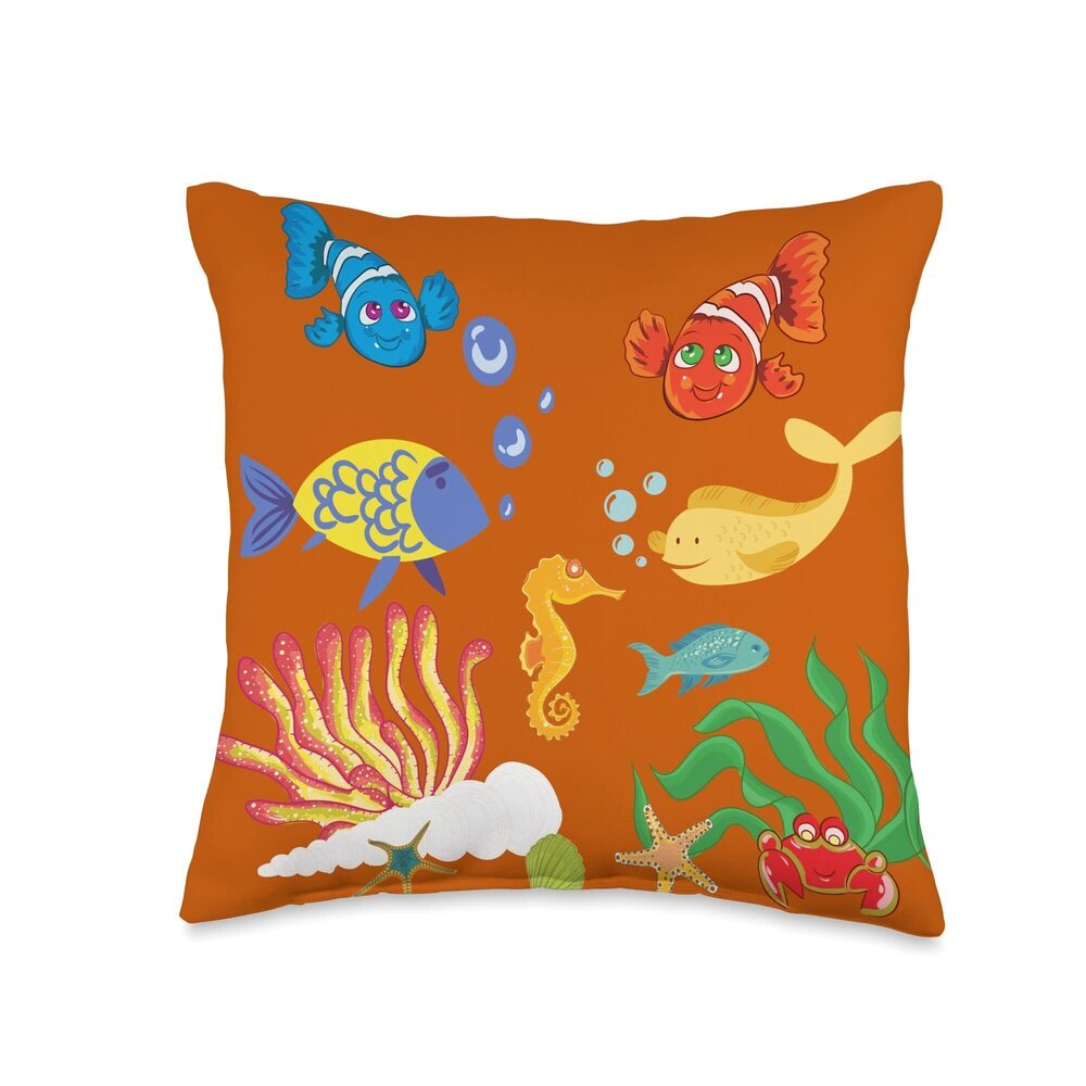2823 Burnt Orange Ocean Creatures Throw Pillow